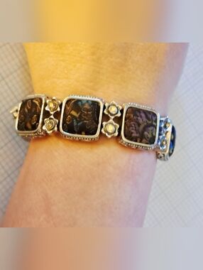 Silver-Tone Floral Square Link Stretch Bracelet with Black & Purple Fabric Inlay